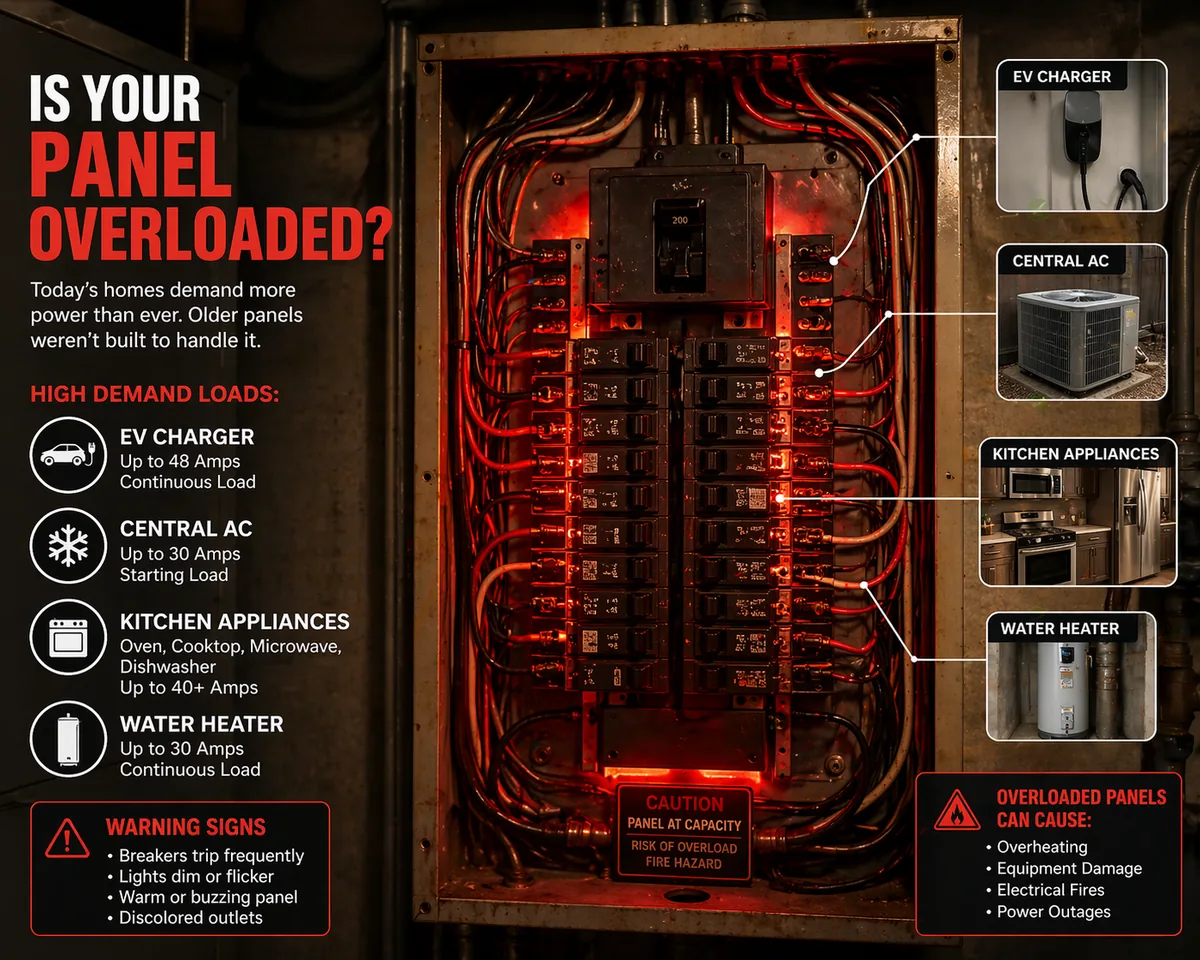Infographic showing how EV chargers, central AC, kitchen appliances, and water heaters can overload an older electrical panel